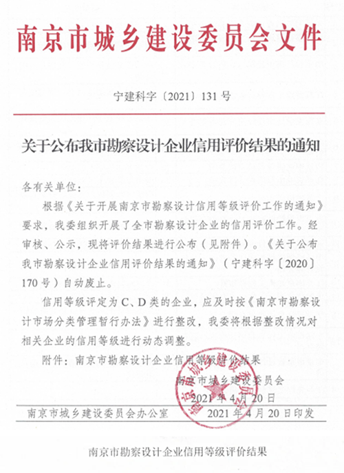 喜报 | 我司再次获得“南京市勘察设计企业信用A类等级”