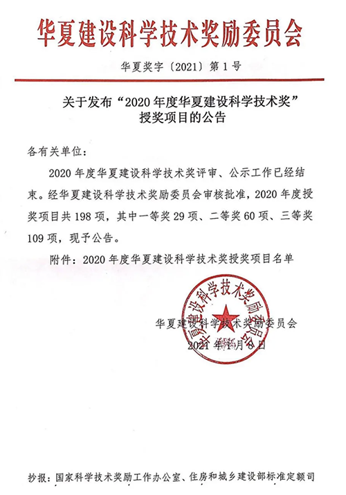 喜报|長江都市荣获2020年度华夏建设科学技术奖一等奖2项！